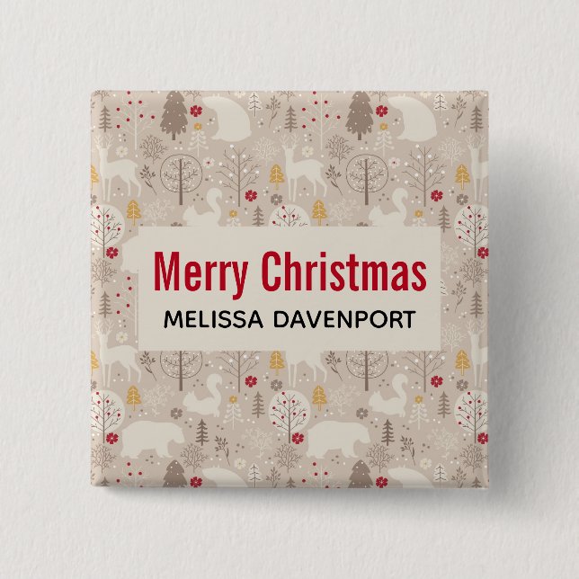 Cute Woodland Animals Nordic Pattern Christmas Button (Front)