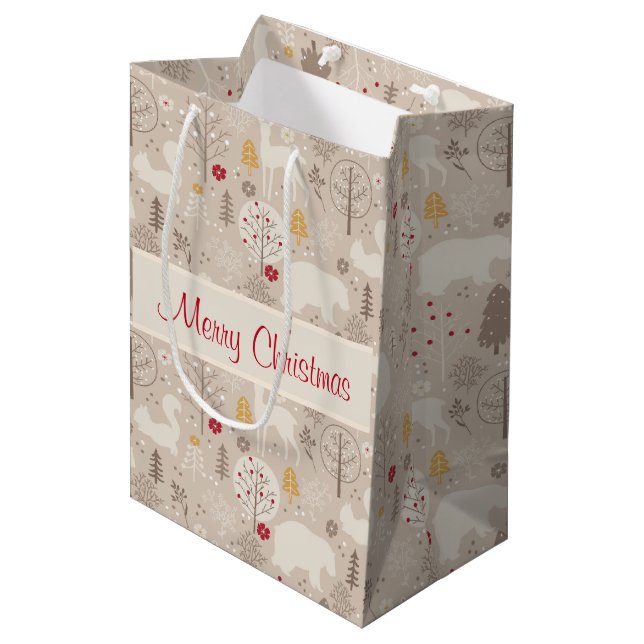 Cute Woodland Animals Nordic Pattern Christmas Medium Gift Bag (Front Angled)