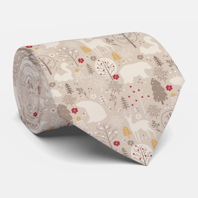 Cute Woodland Animals Nordic Pattern Christmas Neck Tie (Rolled)
