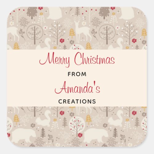 Cute Woodland Animals Nordic Pattern Christmas Square Sticker