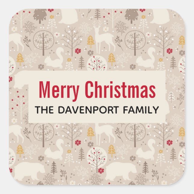 Cute Woodland Animals Nordic Pattern Christmas Square Sticker (Front)