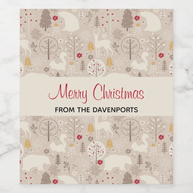 Cute Woodland Animals Nordic Pattern Christmas Wine Label (Single Label)