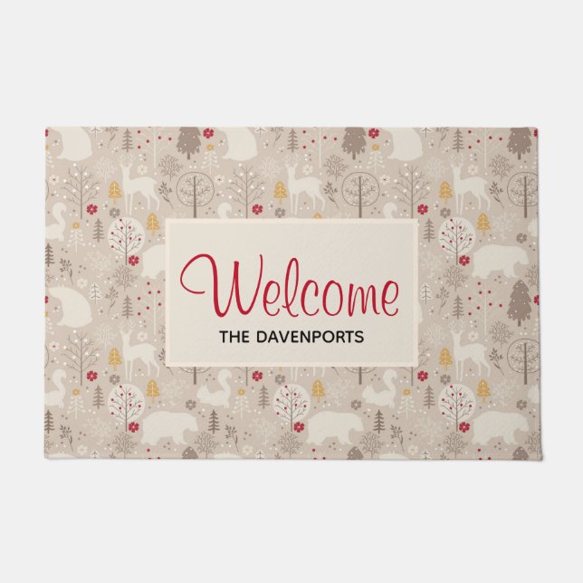 Cute Woodland Animals Nordic Pattern Doormat (Front)