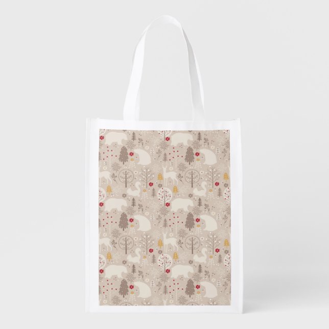 Cute Woodland Animals Nordic Pattern Grocery Bag (Front)