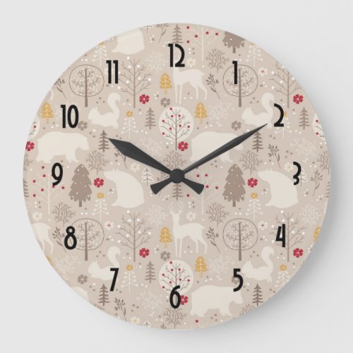 Cute Woodland Animals Nordic Pattern Large Clock