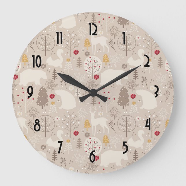 Cute Woodland Animals Nordic Pattern Large Clock (Front)