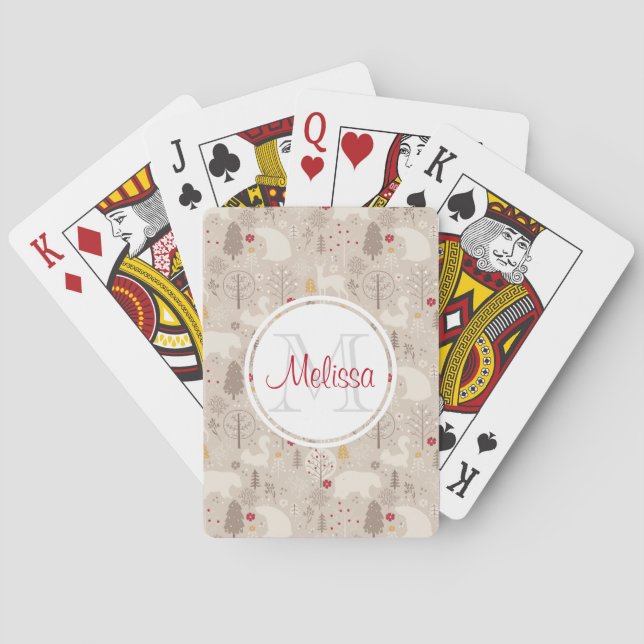 Cute Woodland Animals Nordic Pattern Monogram Poker Cards (Back)