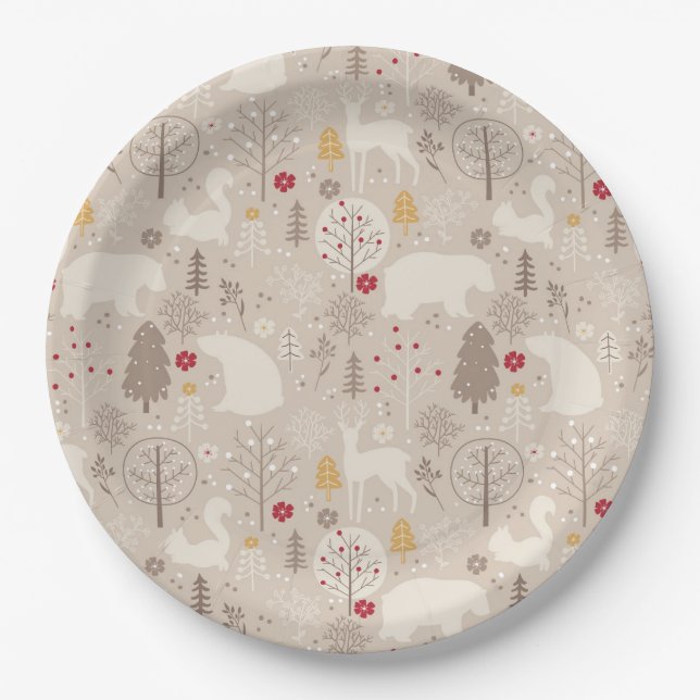 Cute Woodland Animals Nordic Pattern Paper Plates (Front)