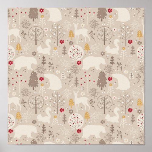 Cute Woodland Animals Nordic Pattern Poster