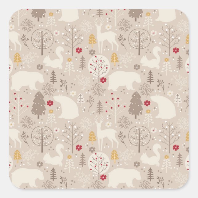 Cute Woodland Animals Nordic Pattern Square Sticker (Front)