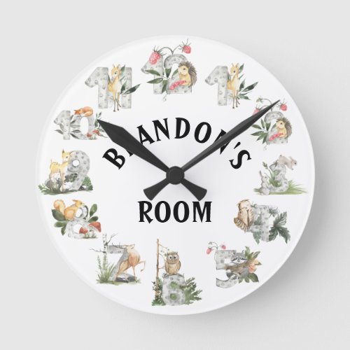 Cute Woodland Animals Numbers Child Room Round Clock