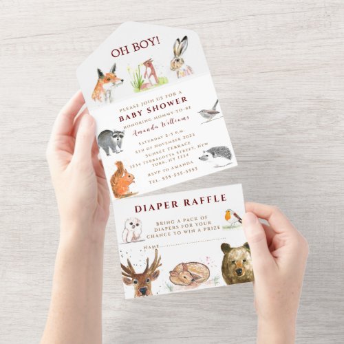 Cute Woodland Animals Oh Boy Baby Shower   All In One Invitation