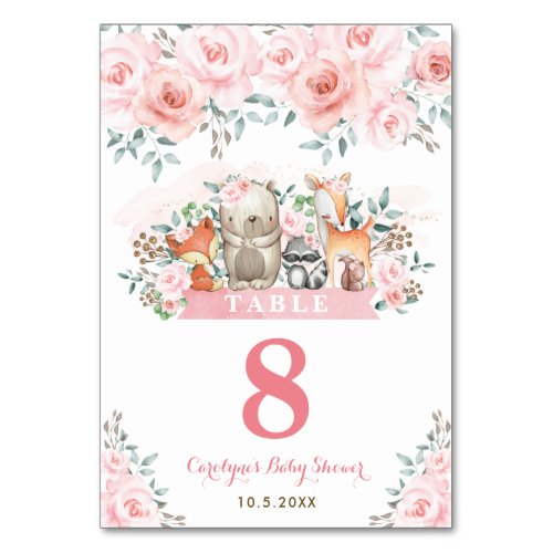 Cute Woodland Animals Pastel Pink Floral Baby Girl Table Number