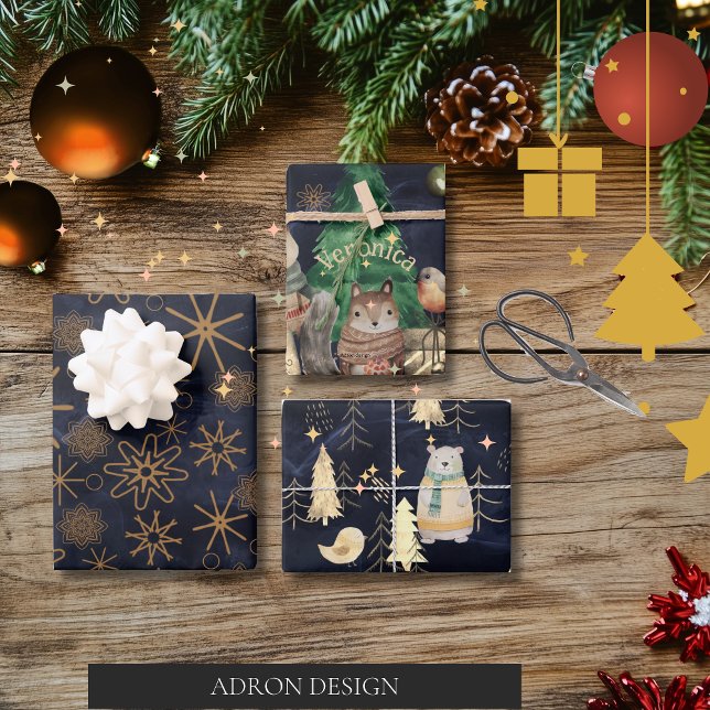 Cute Woodland animals Pattern Navy Blue Christmas Wrapping Paper Sheets (Cute Woodland animals Pattern Blue Christmas Wrapping Paper Sheets)