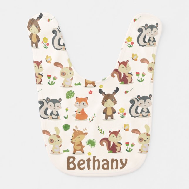 Cute Woodland Animals Pattern Personalised Baby Bib (Front)