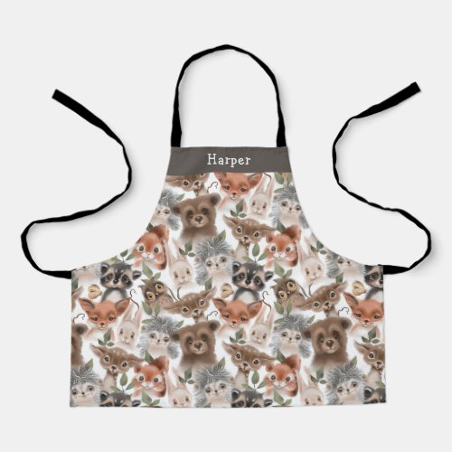 Cute Woodland Animals Pattern with Name Apron