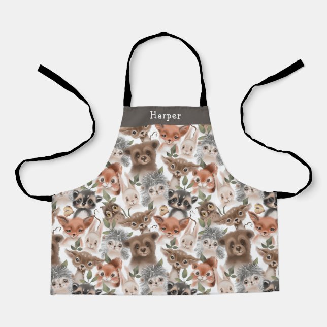 Cute Woodland Animals Pattern with Name Apron (Front)