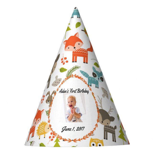 Cute Woodland Animals Personalized Photo Party Hat (Front)