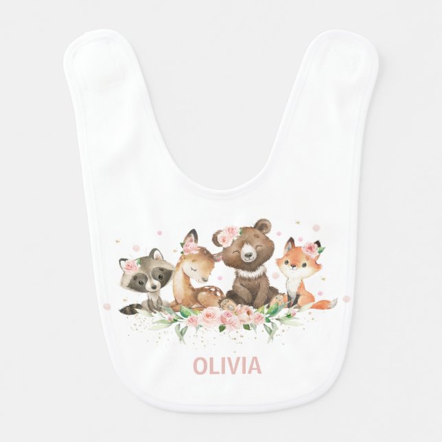 Cute Woodland Animals Pink 1st Birthday Outfit  Baby Bib (Front)