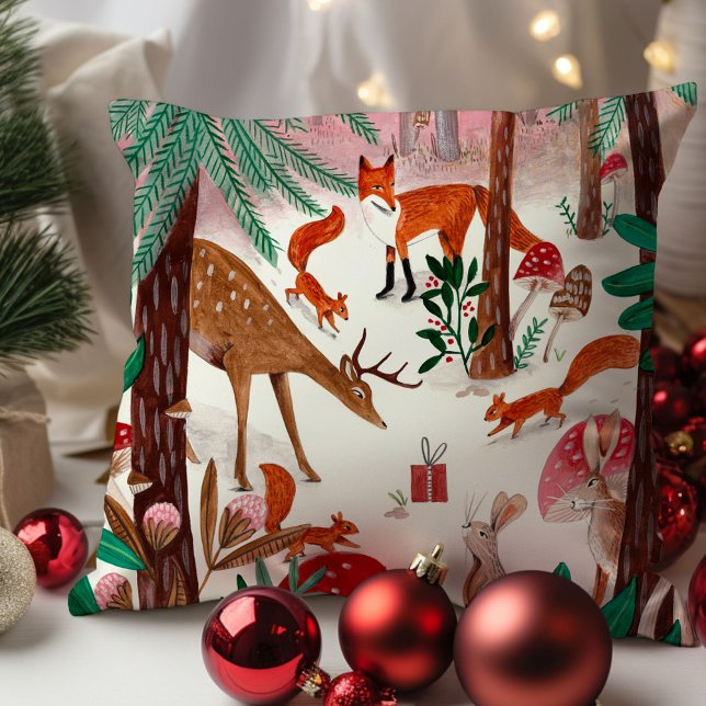 Cute Woodland animals pink and green forest Throw Pillow (Cute Woodland animals pink and green forest Throw Pillow)