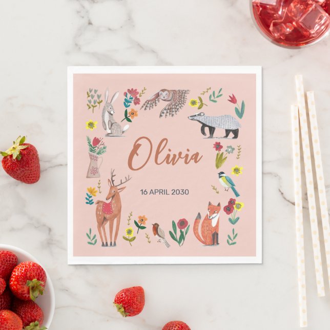 Cute Woodland Animals Pink Baby Shower Napkins (Insitu)