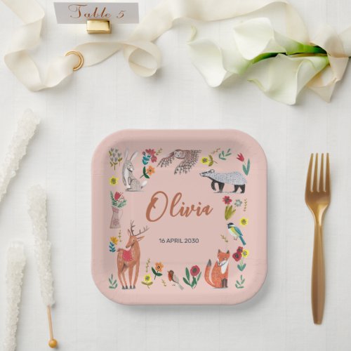 Cute Woodland Animals Pink Baby Shower Paper Plates