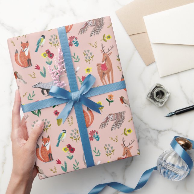 Cute Woodland Animals Pink Baby Shower Wrapping Paper (Gifting)