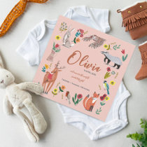 Cute Woodland Animals Pink Birth Announcement