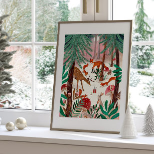 Cute Woodland Animals Pink Christmas Forest Poster
