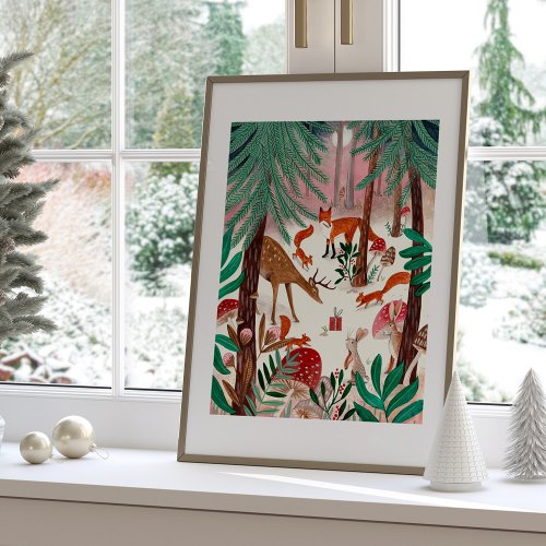 Cute Woodland Animals Pink Christmas Forest Poster