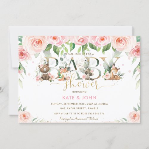 Cute Woodland Animals Pink Floral Baby Shower Girl Invitation