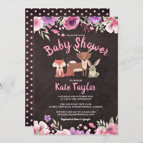 Cute Woodland Animals Pink Floral Baby Shower Invitation