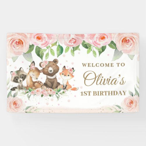 Cute Woodland Animals Pink Floral Backdrop Banner