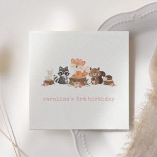 Cute Woodland Animals Pink Floral Birthday Party Napkins