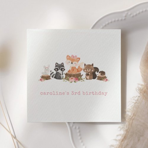 Cute Woodland Animals Pink Floral Birthday Party Napkins