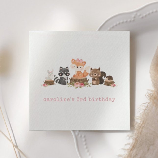 Cute Woodland Animals Pink Floral Birthday Party Napkins (Creator Uploaded)