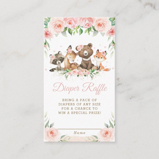 Cute Woodland Animals Pink Floral Diaper Raffle  Enclosure Card (Front)