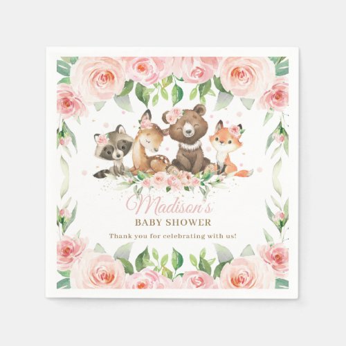 Cute Woodland Animals Pink Floral Girl Baby Shower Napkins
