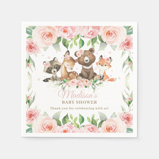 Cute Woodland Animals Pink Floral Girl Baby Shower Napkins (Front)