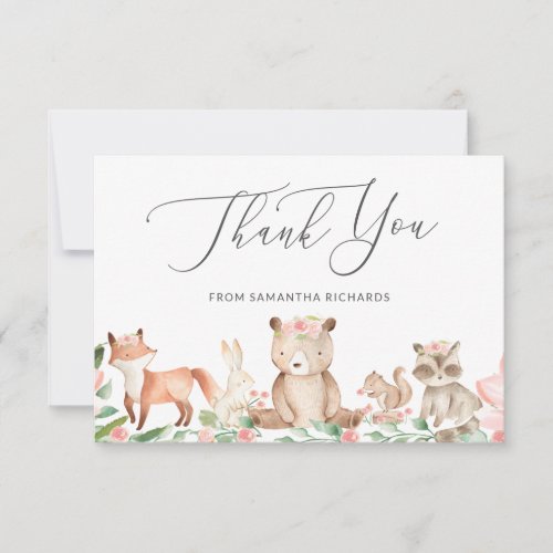 Cute Woodland Animals Pink Floral Girl Baby Shower Thank You Card