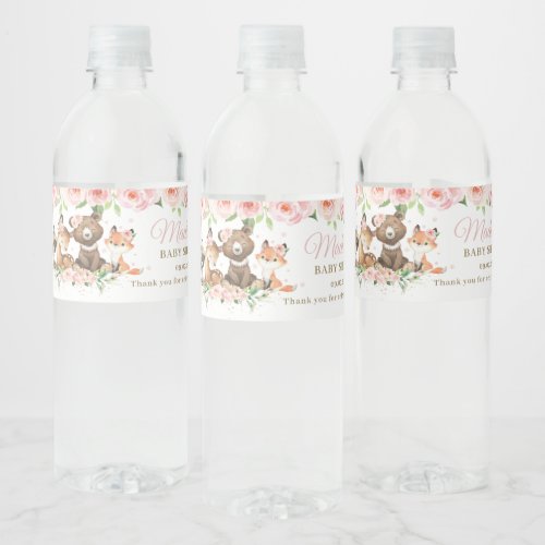 Cute Woodland Animals Pink Floral Girl Baby Shower Water Bottle Label