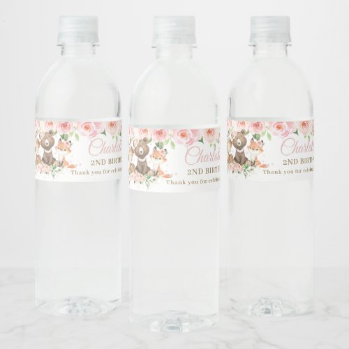 Cute Woodland Animals Pink Floral Girl Birthday  Water Bottle Label