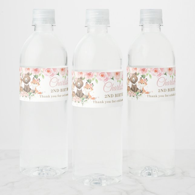 Cute Woodland Animals Pink Floral Girl Birthday  Water Bottle Label (Bottles)