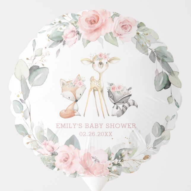 Cute Woodland Animals Pink Floral Greenery Wreath  Balloon (Front)