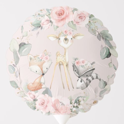 Cute Woodland Animals Pink Floral Greenery Wreath  Balloon