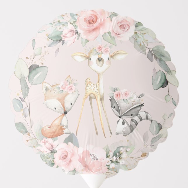 Cute Woodland Animals Pink Floral Greenery Wreath  Balloon (Front)