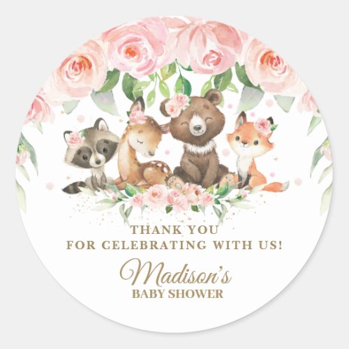 Cute Woodland Animals Pink Floral Thank You Favor  Classic Round Sticker