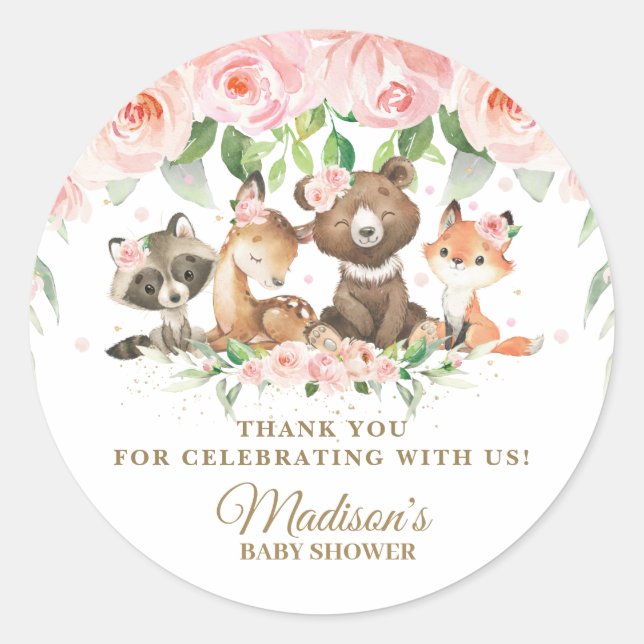 Cute Woodland Animals Pink Floral Thank You Favor  Classic Round Sticker (Front)