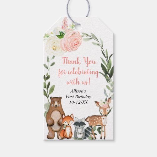 Cute woodland animals pink greenery girl birthday gift tags