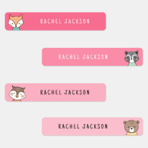 Cute woodland animals pink kids name labels